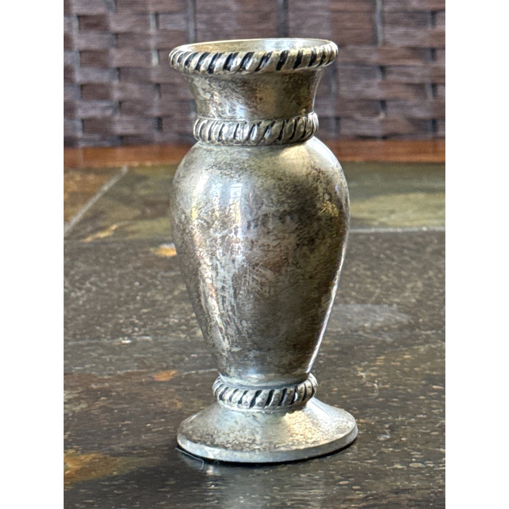 Vintage Pottery Barn Bud Vase Home Decor 5" Silver Rope Twist Trim Urn Tableware